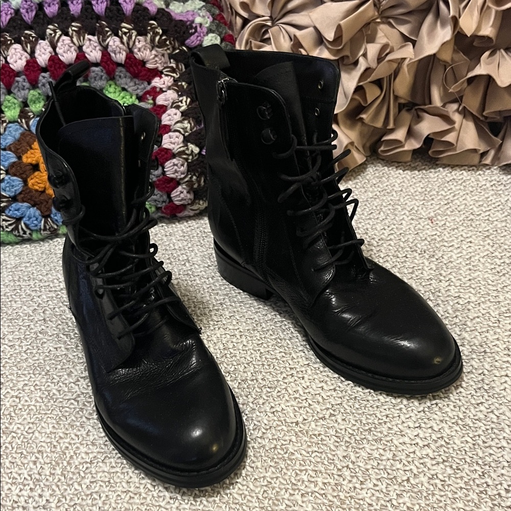 Coupe De Foundre Black Leather Lace-Up Zipper Moto Combat Boots - Picture 9 of 11
